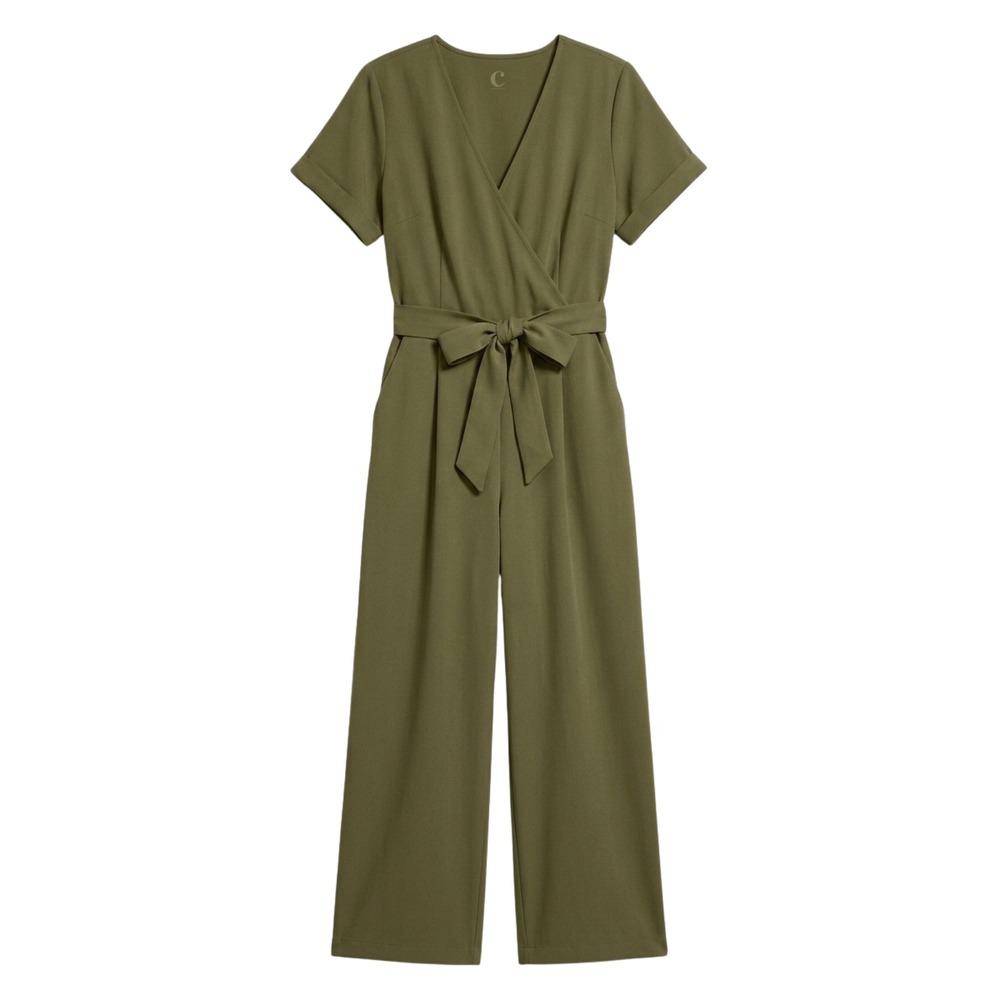 Monteau Jumpsuit Women XS Olive Green Wrap Front Wide Leg Tie‎ Waist Pocket